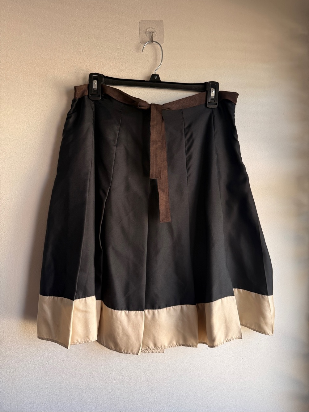 Vintage Gap 100% Silk Black Brown Colorblock A-Line Pleated Skirt Size 10
